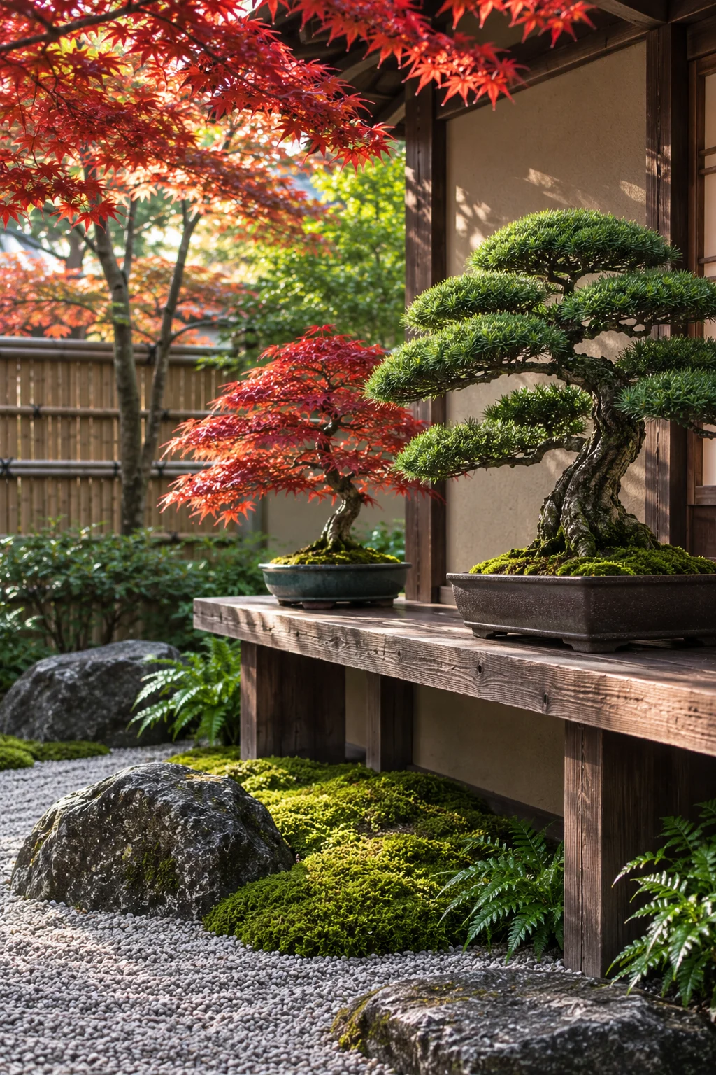 bonsai display shelf in a Japanese garden