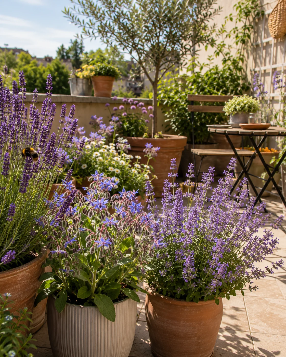 terrace garden bee friendly containers lavender borage catmint bumblebee foraging pollinator pots
