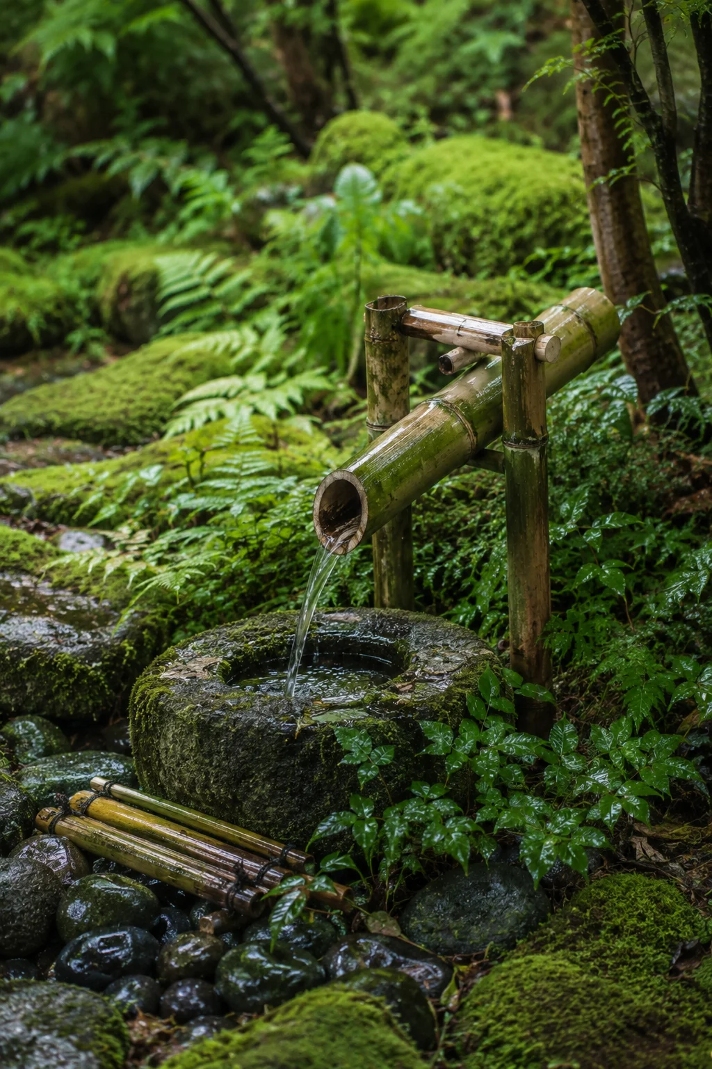 bamboo deer scarer beside a Japanese water feature