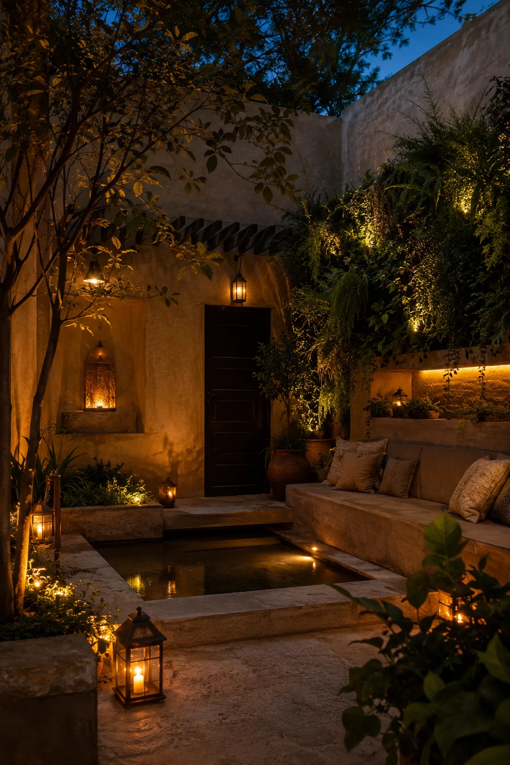 luxury courtyard garden idea with lighting and water feature