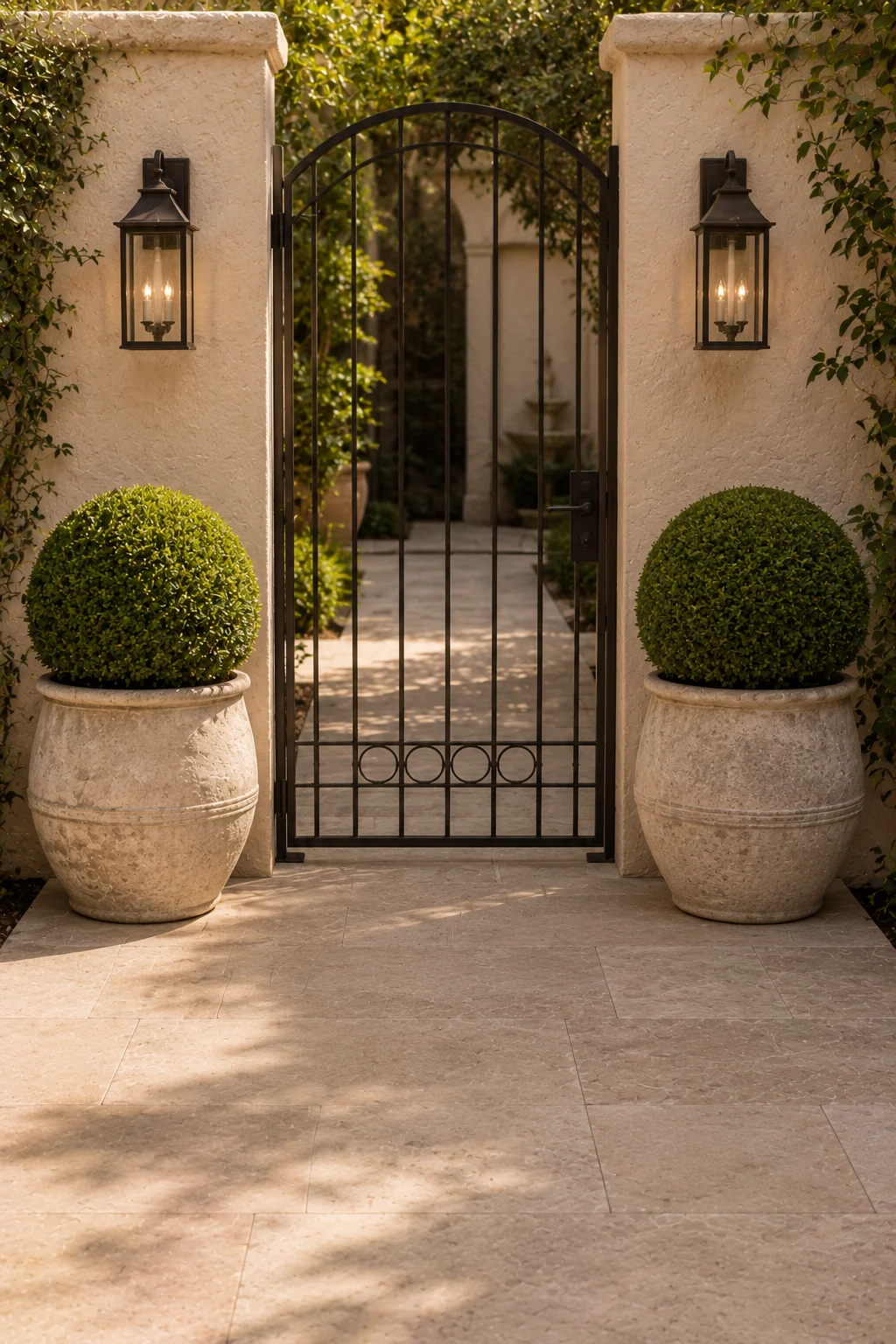 potted topiary pair courtyard entry garden idea