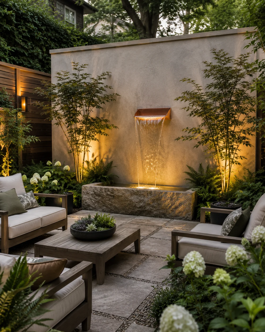 screen wall water feature backyard privacy rendered copper spout stone trough focal point seating