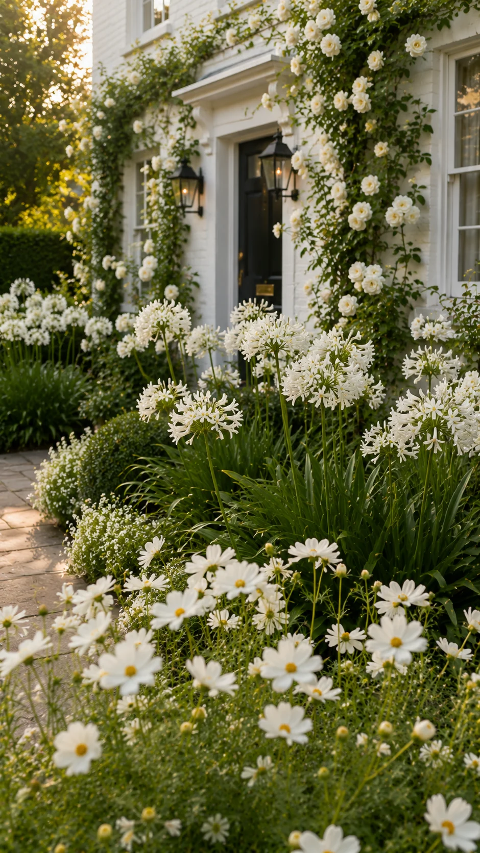 all white front garden landscaping white roses agapanthus hydrangeas monochrome garden design curb appeal