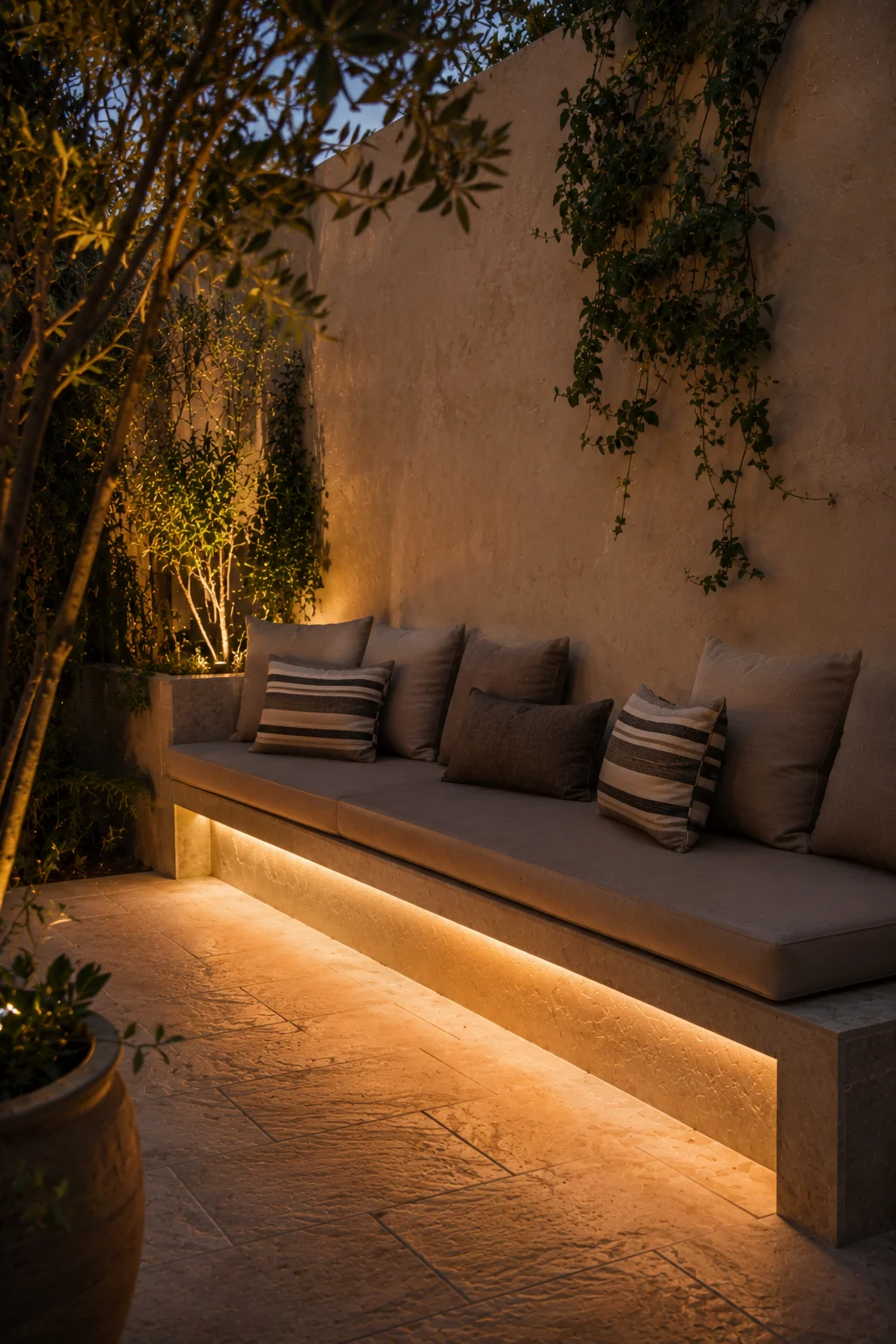 built in stone bench seating courtyard garden idea