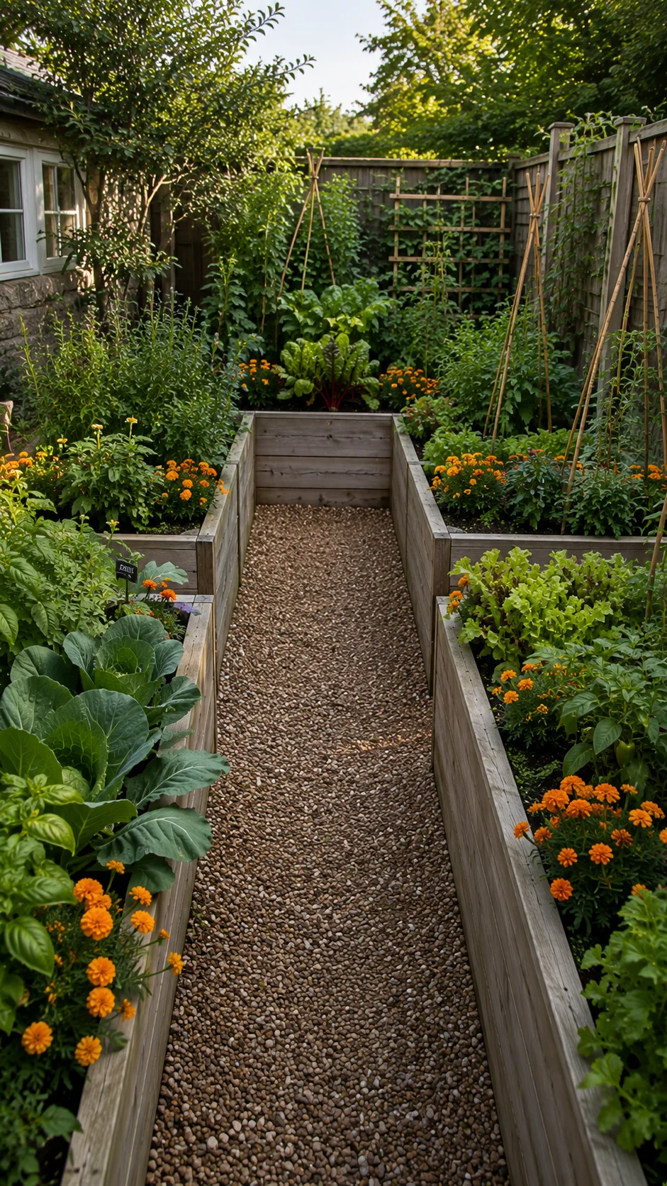U-shaped raised vegetable bed layout in a small backyard.