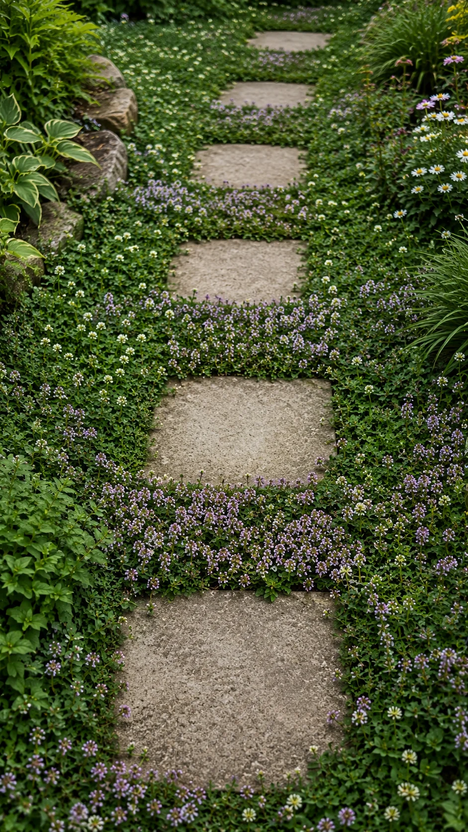 Eco-lawn checkerboard layout with pavers and creeping thyme ground cover.