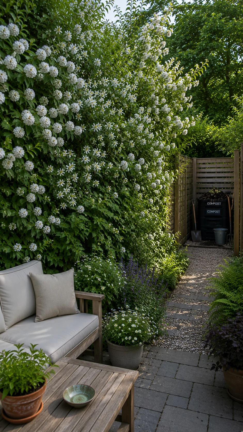 Blooming living fence dividing a small backyard space.