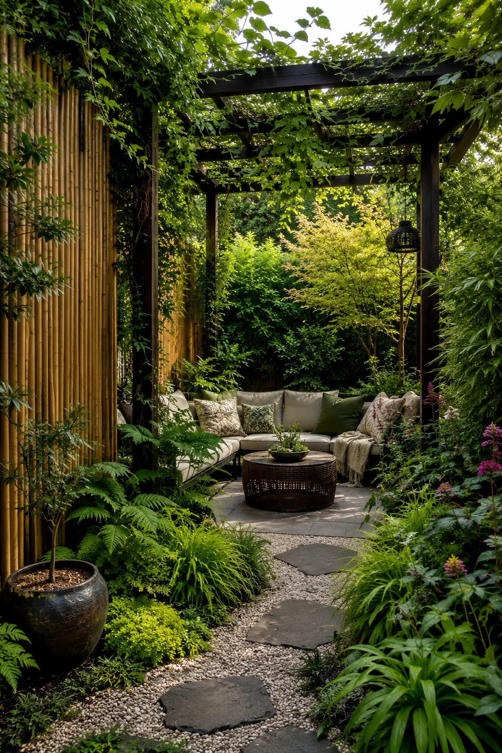 backyard privacy ideas layered bamboo pergola climbing plants planting screen intimate outdoor space
