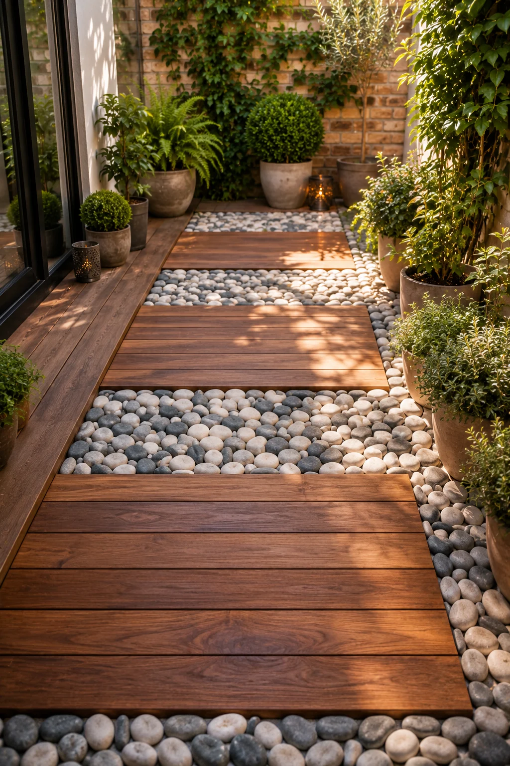 patio floor decking planks river pebbles alternating texture drainage small patio Japanese naturalistic
