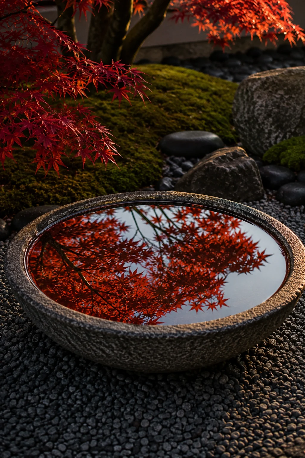 tsukubai water basin with bamboo spout in Japanese garden