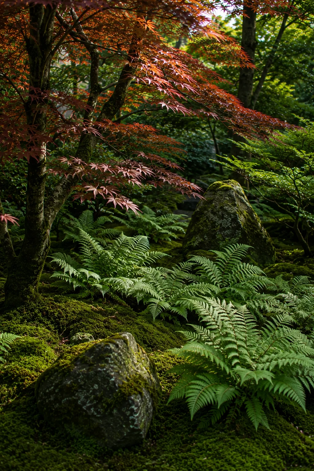 ferns and shade plants in Japanese garden