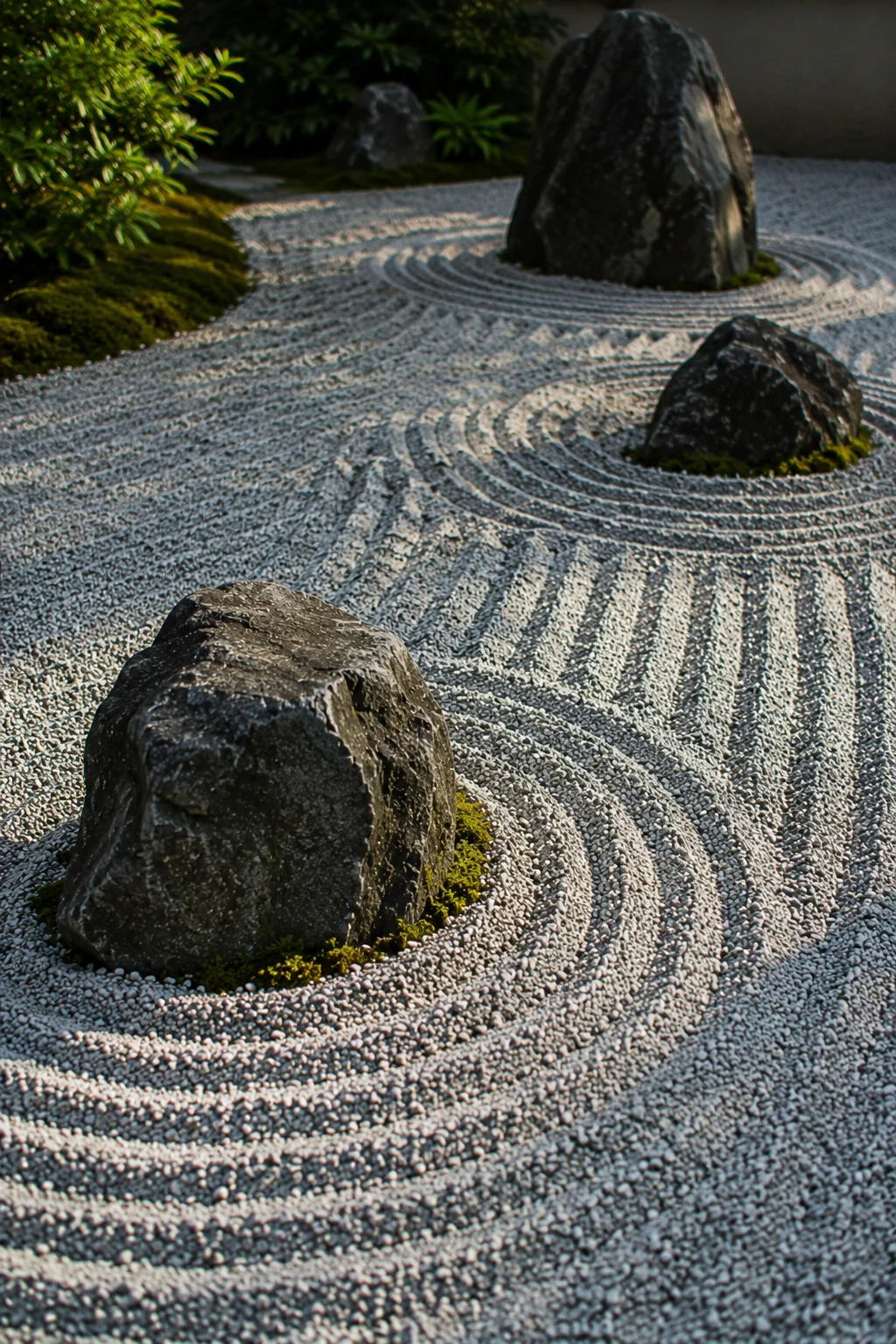 raked gravel patterns around garden rocks