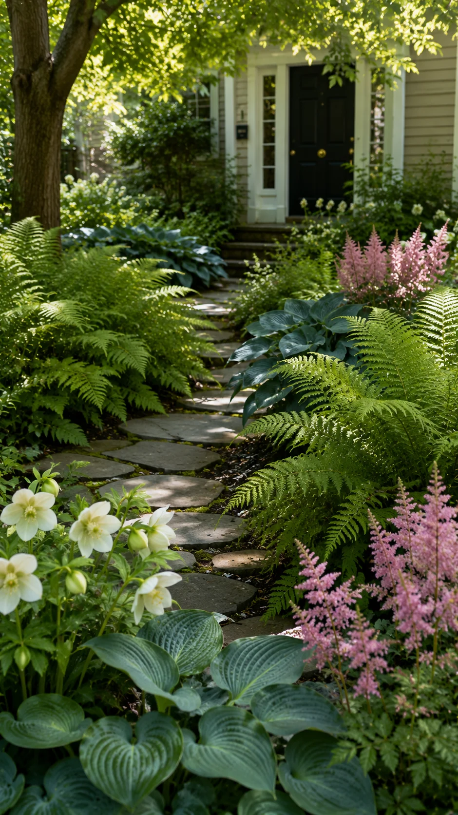 shade garden front yard landscaping ferns hostas astilbe hellebore north facing shaded plot curb appeal