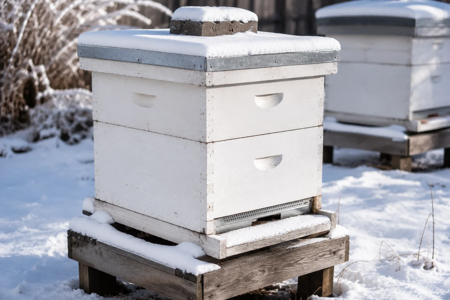 beehive in snow winter entrance clear unblocked entrance reducer cold weather zone 4 5 winter beekeeping