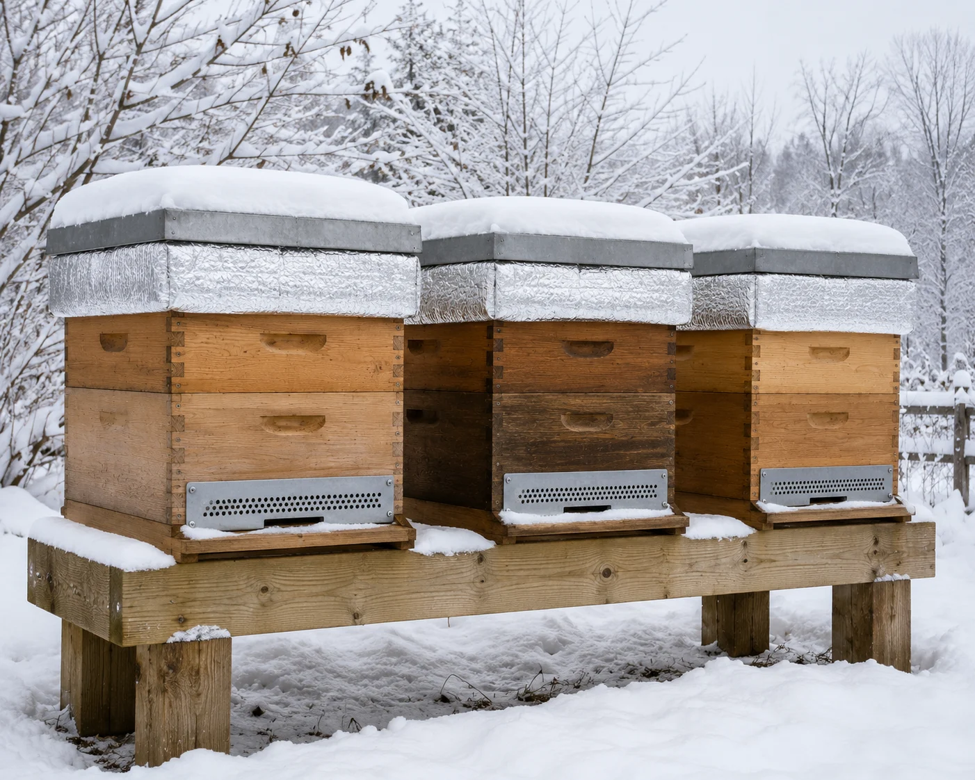 Winterized backyard apiary with mouse guards and snow on the beehives.