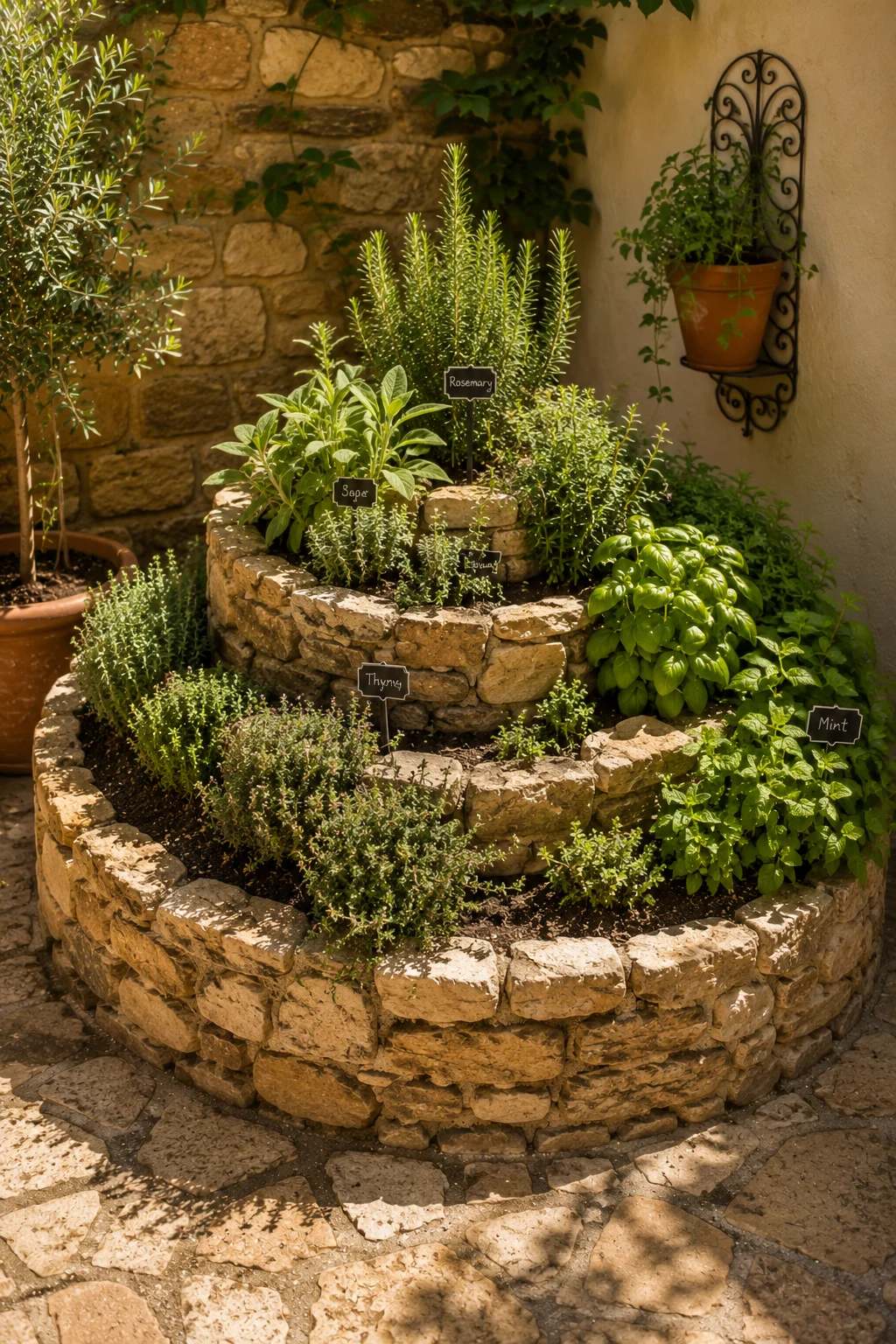 herb spiral stone small patio edible garden herbs cooking feature sculptural