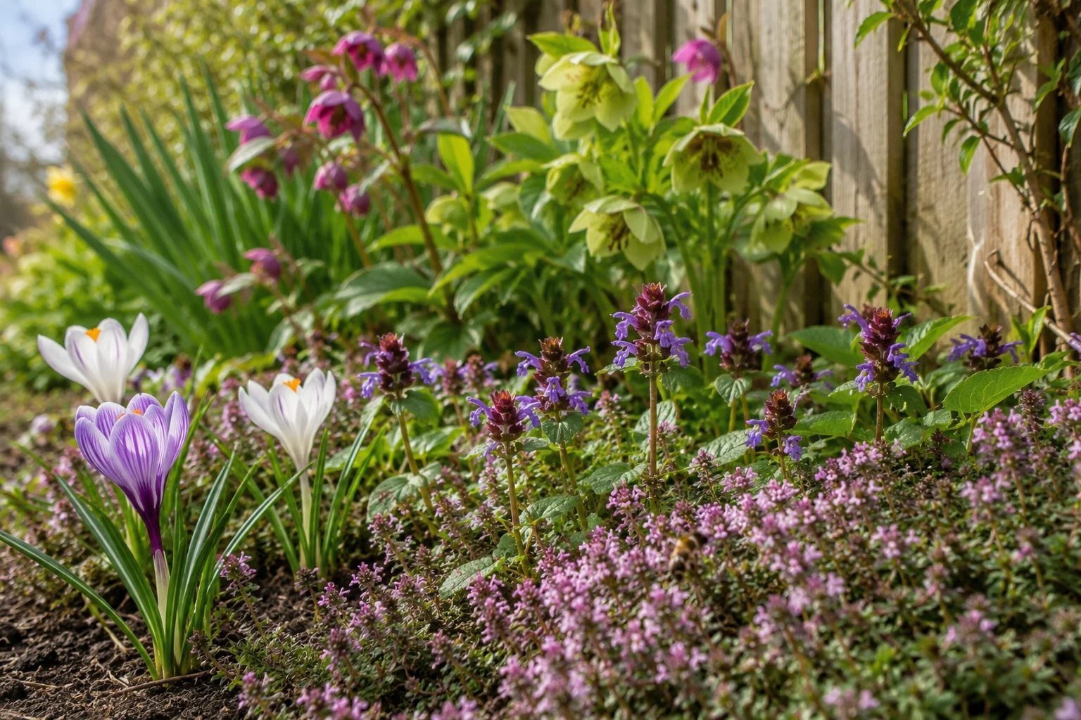ground cover pollinator border fence creeping thyme self-heal crocus spring bee layer planting