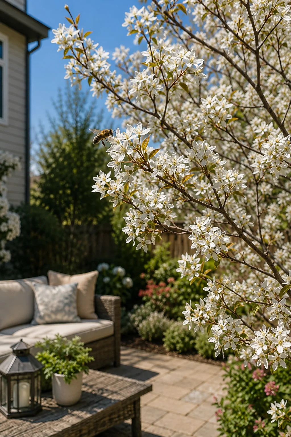 pollinator-friendly trees with non-invasive roots near patio