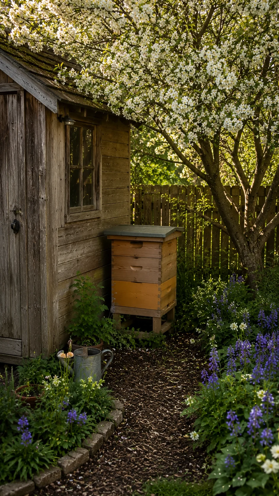 Beehive placed next to a garden shed for wind protection in a small yard.