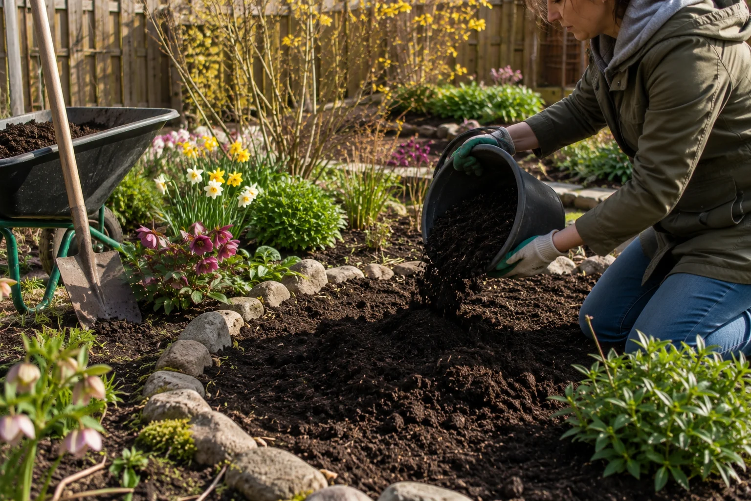 preparing garden soil with compost for a pollinator garden