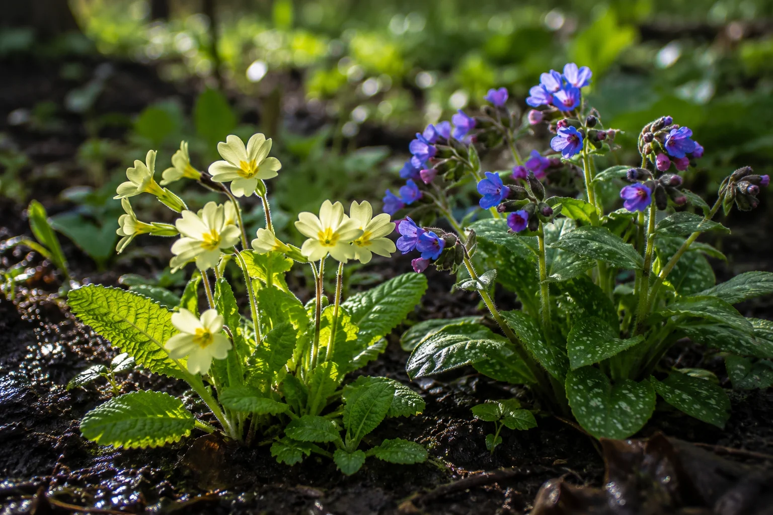 Early blooming native primrose and lungwort providing spring nectar in a shade garden.
