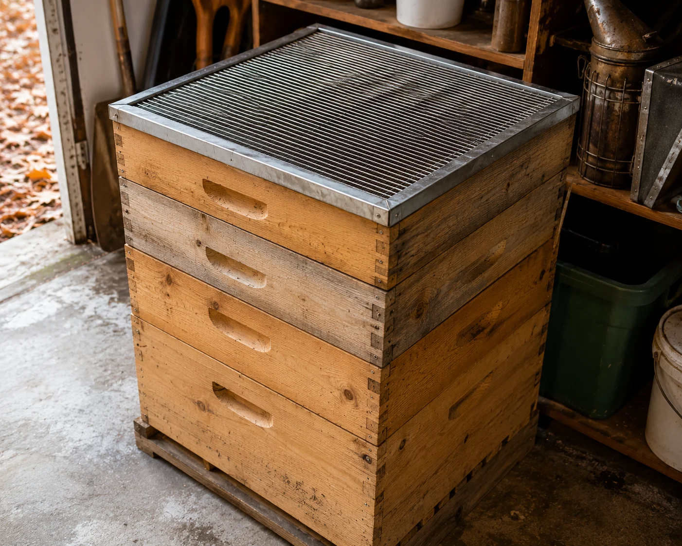 Stored honey supers protected from mice using a metal queen excluder.