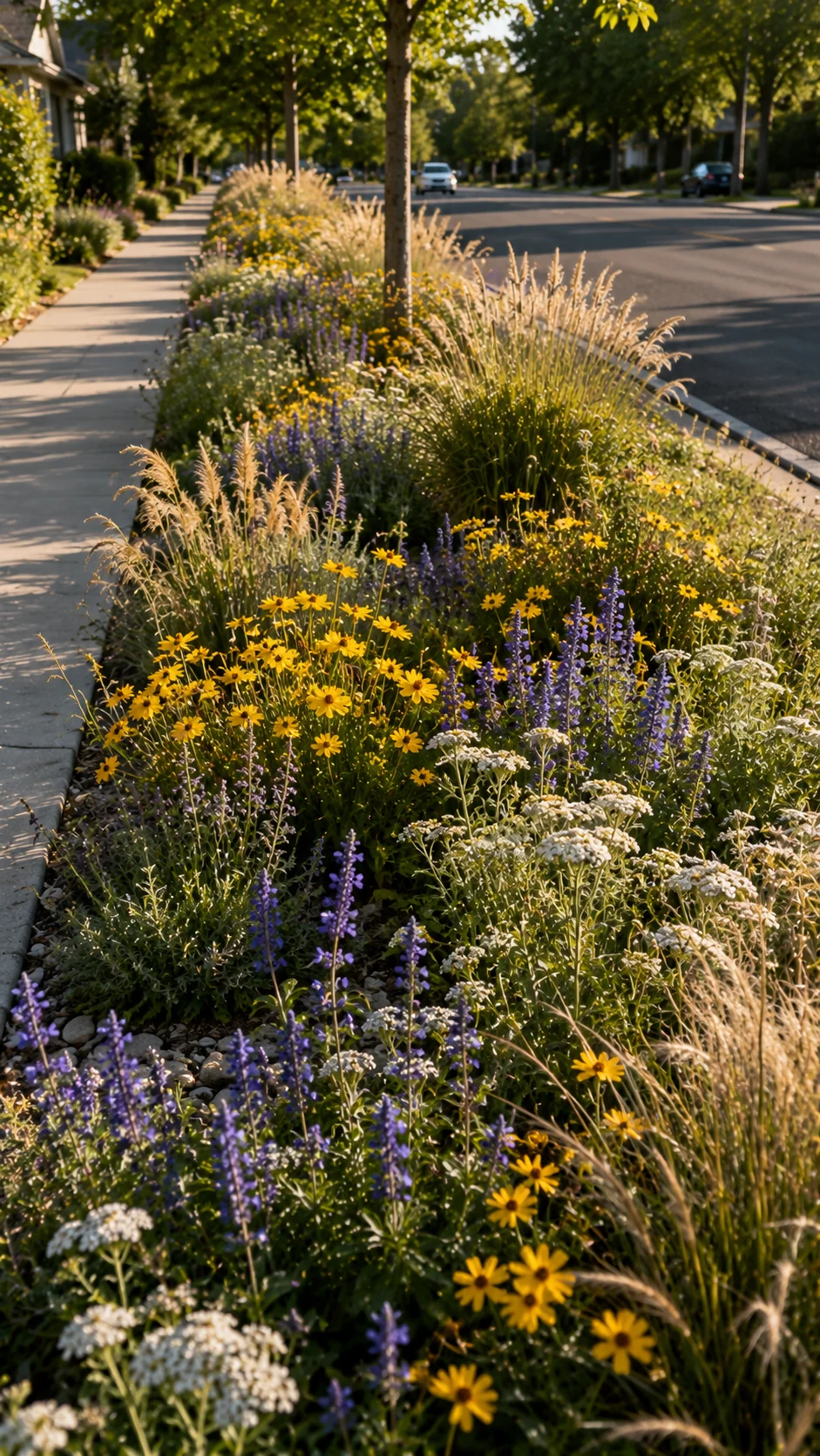wildflower curbside verge strip planting native plants front yard landscaping curb appeal low maintenance