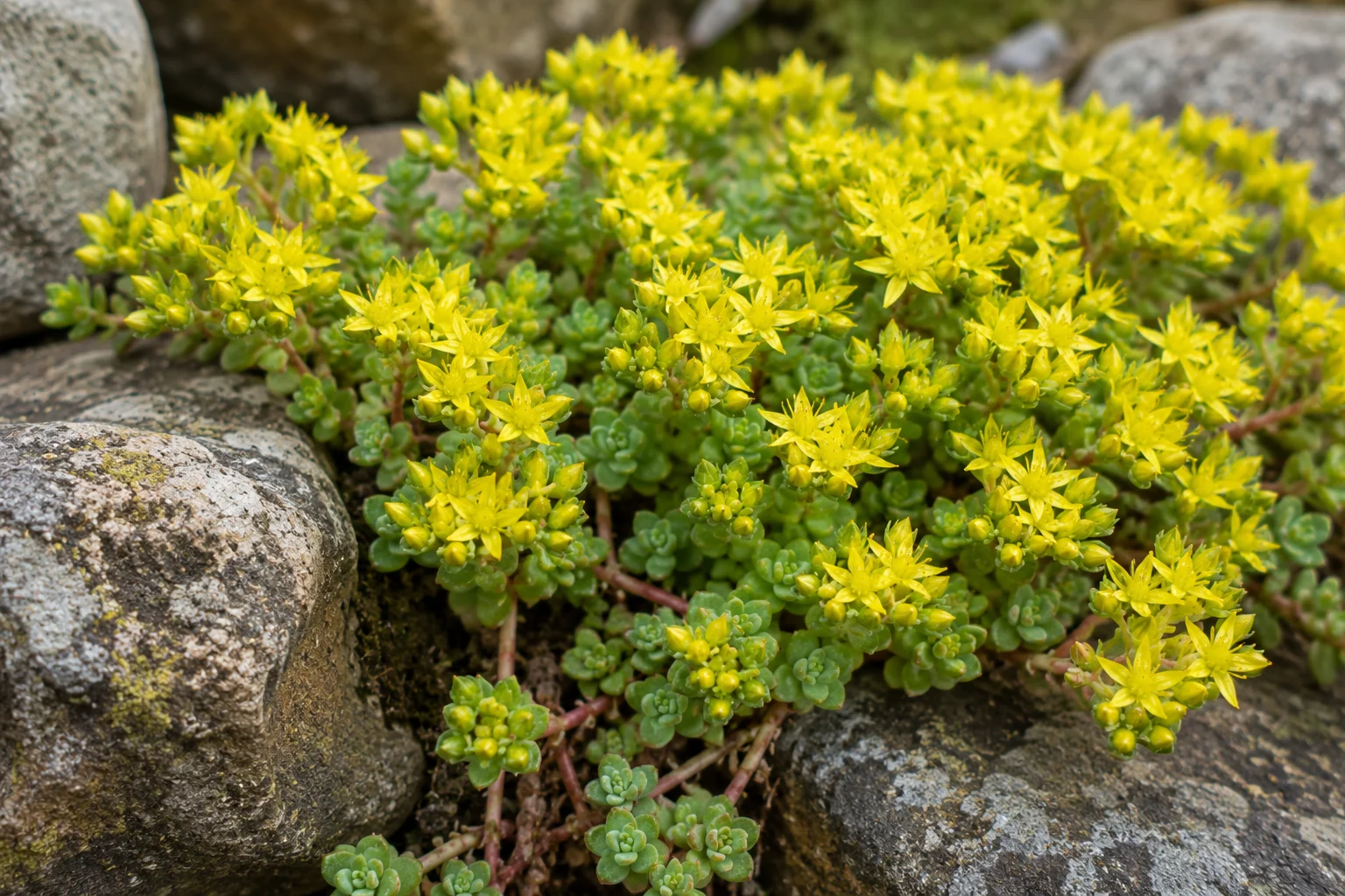 Yellow creeping sedum flowers growing in a dry, rocky garden bed.