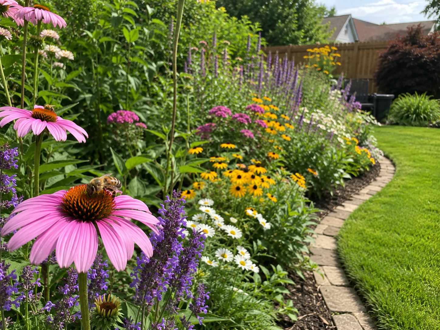 bee friendly backyard garden design with layered flower border