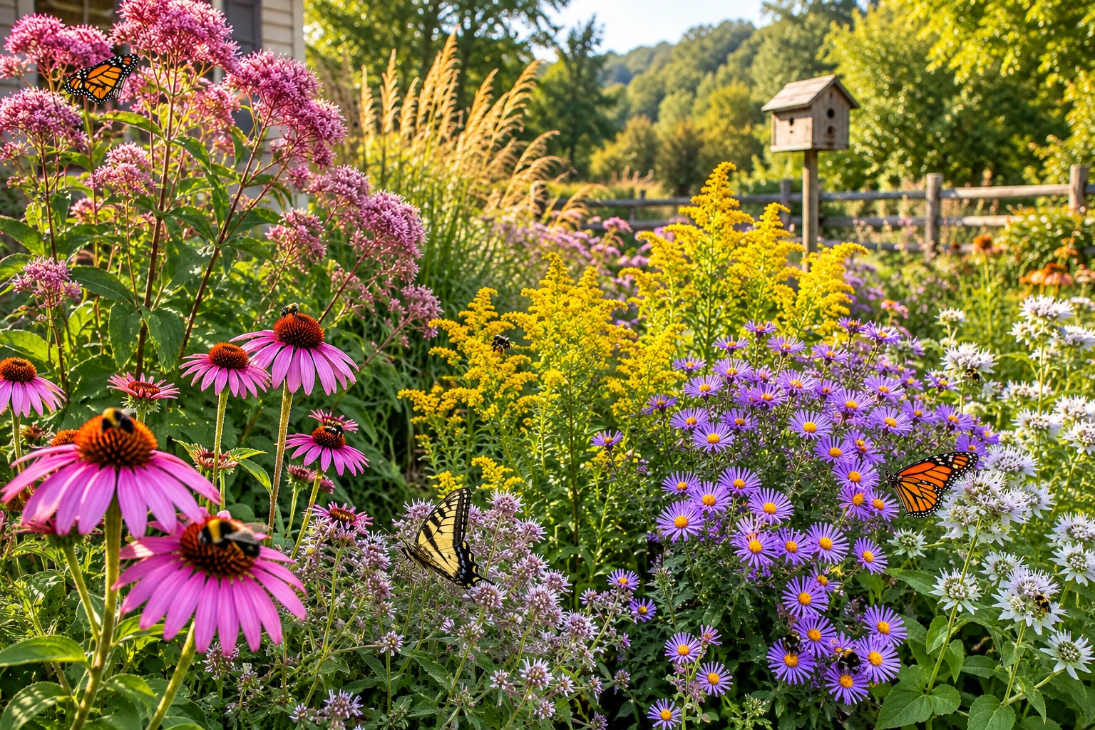 native plants bee garden design coneflower goldenrod aster mountain mint Joe-Pye weed naturalistic border pollinators