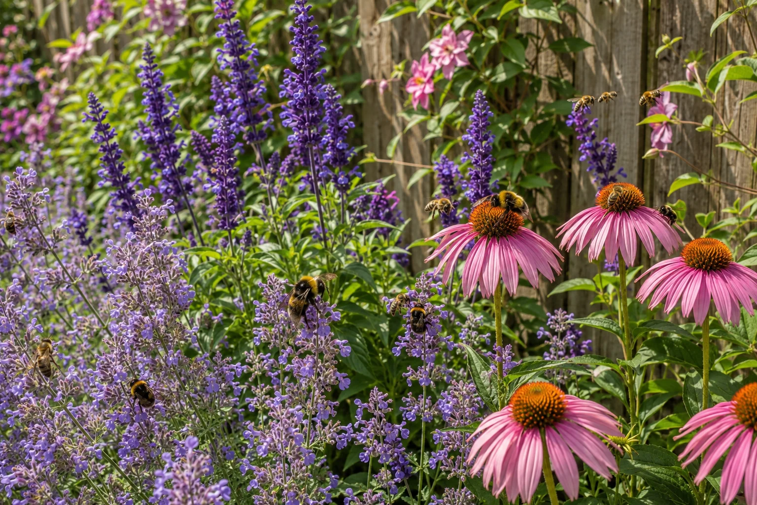 bees foraging pollinator fence border catmint salvia coneflower healthy mid-season multiple species