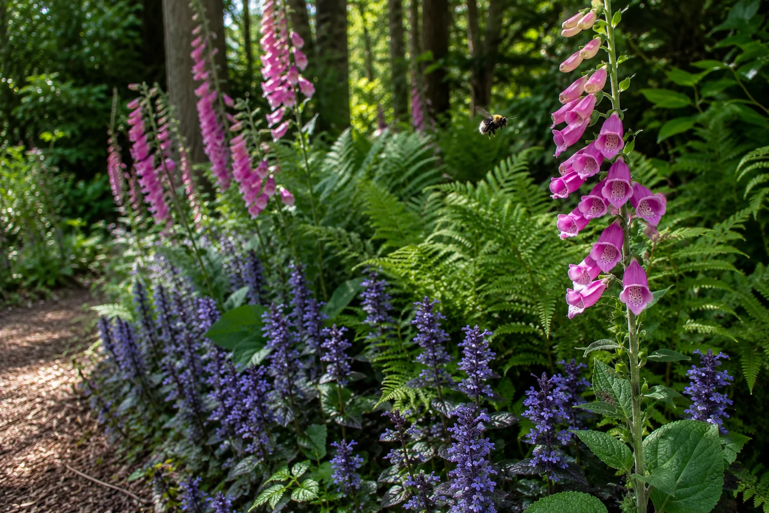 Shady pollinator garden border with pink foxgloves and purple bugleweed feeding bumblebees.