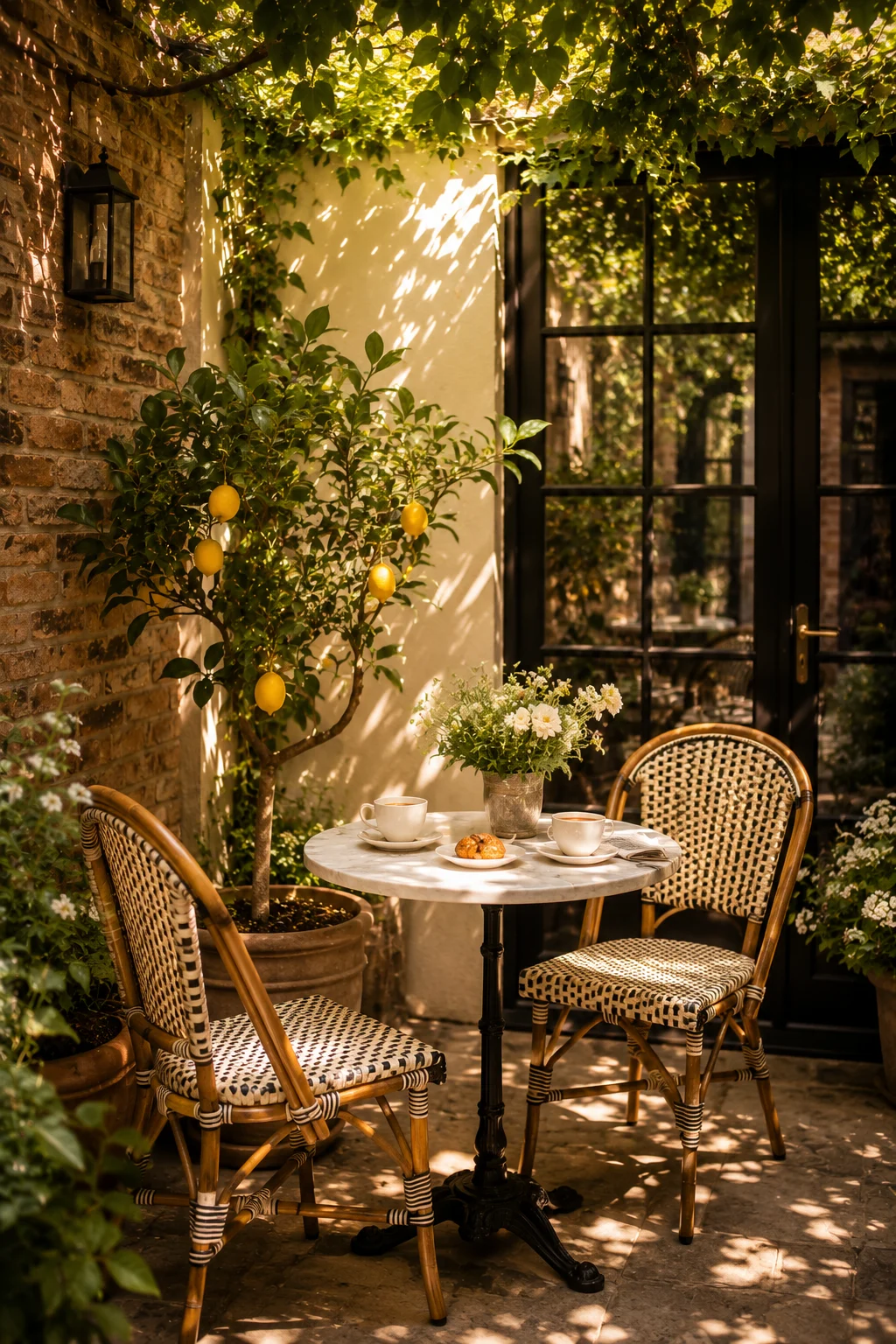 bistro table two chairs small patio marble top outdoor dining French garden intimate