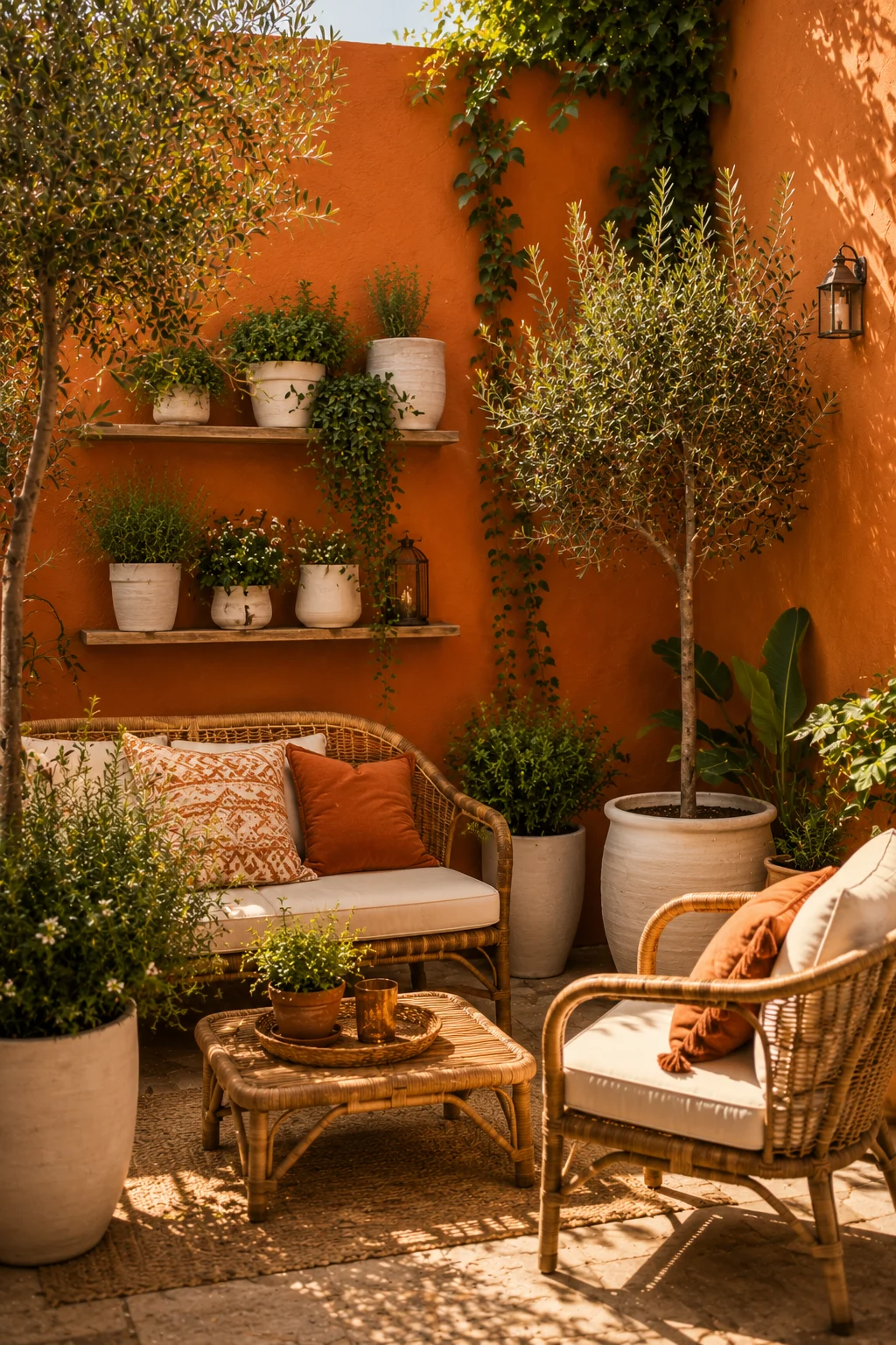 coloured rendered wall small patio terracotta deep colour backdrop plants furniture outdoor