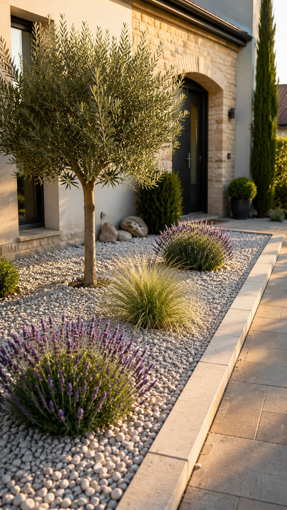 gravel front yard landscaping idea low maintenance lavender ornamental grass statement planting curb appeal