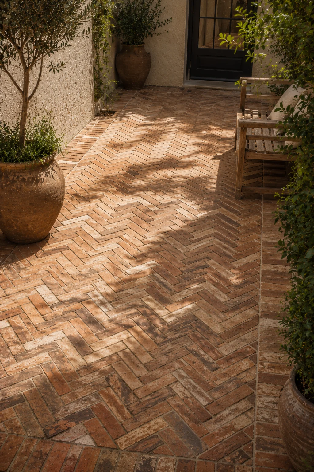 herringbone brick flooring courtyard garden idea