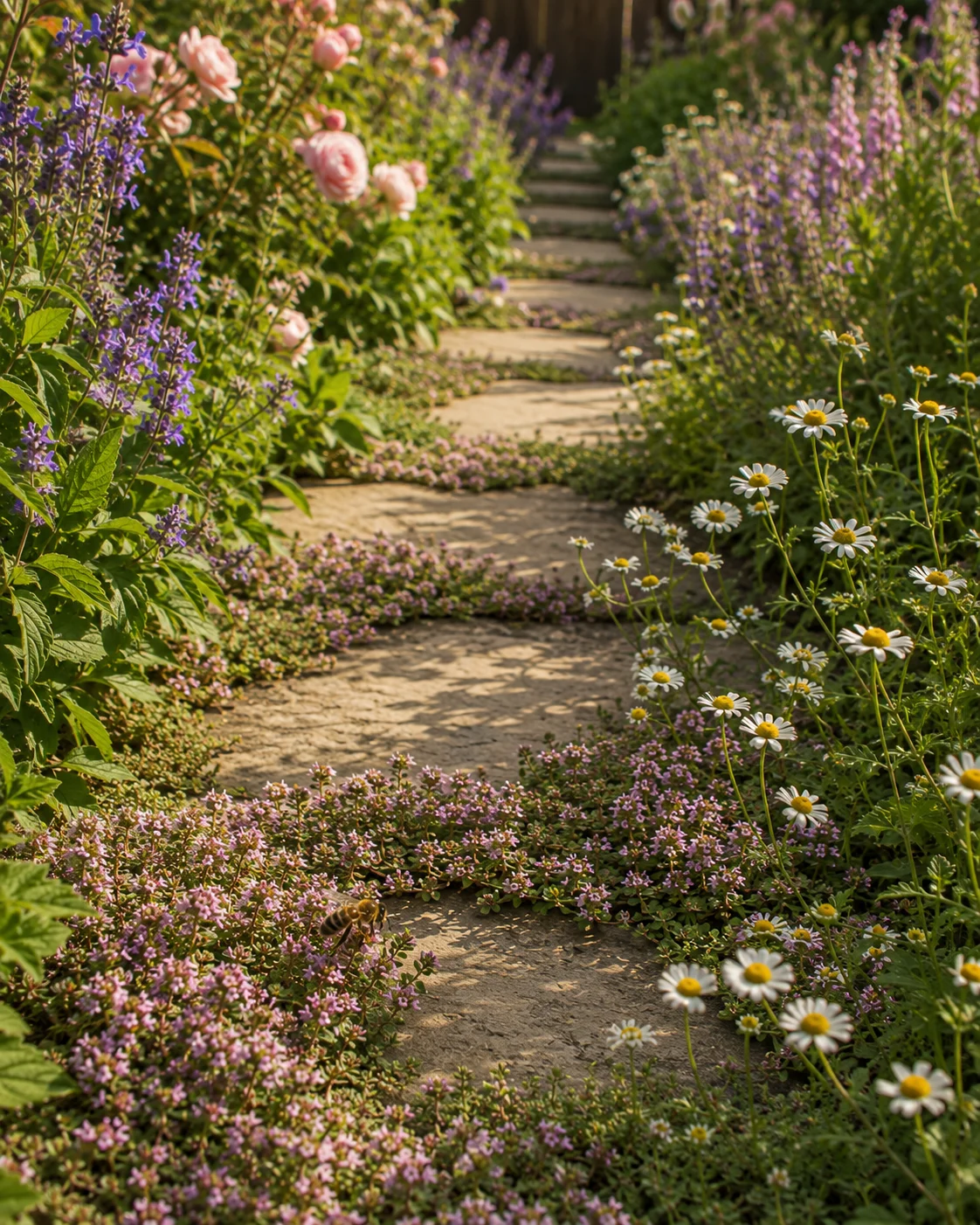 garden path bee design stepping stones creeping thyme chamomile pollinator habitat permeable path edges