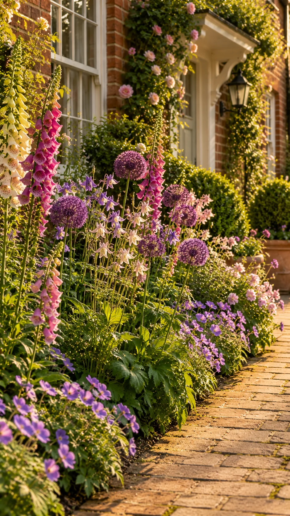cottage garden strip front yard path landscaping foxgloves aquilegia alliums curb appeal small front garden