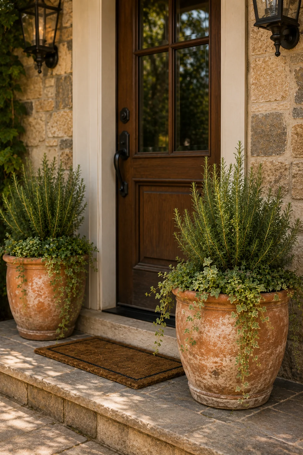 aged terracotta pot front door idea.