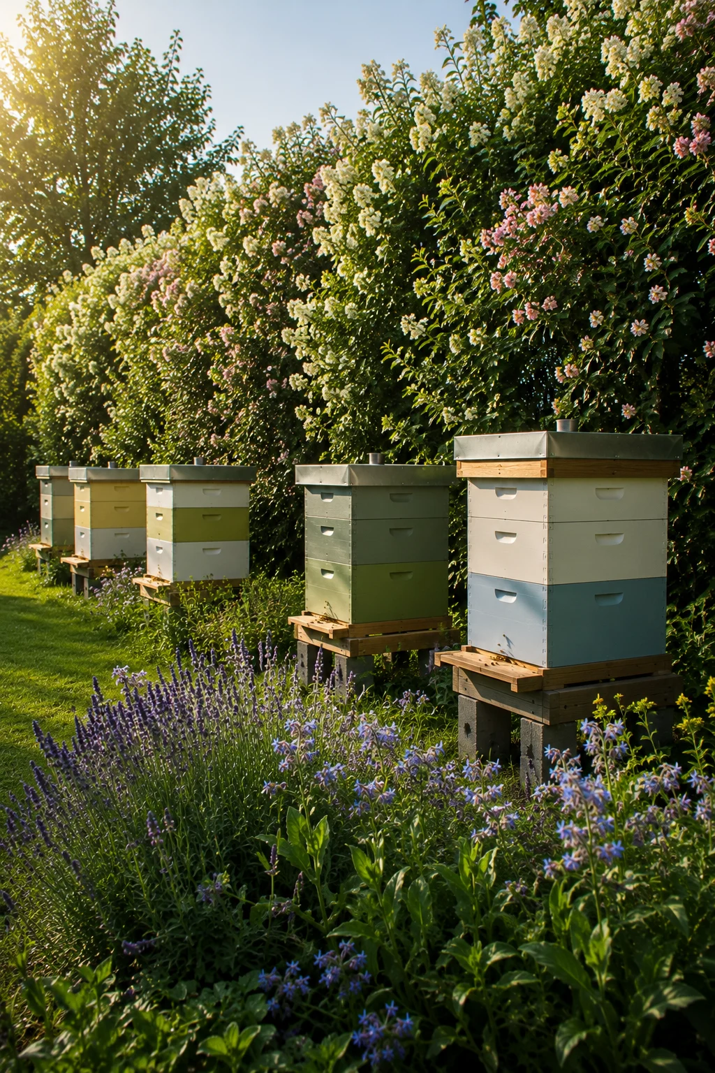 hedge windbreak behind backyard beehives