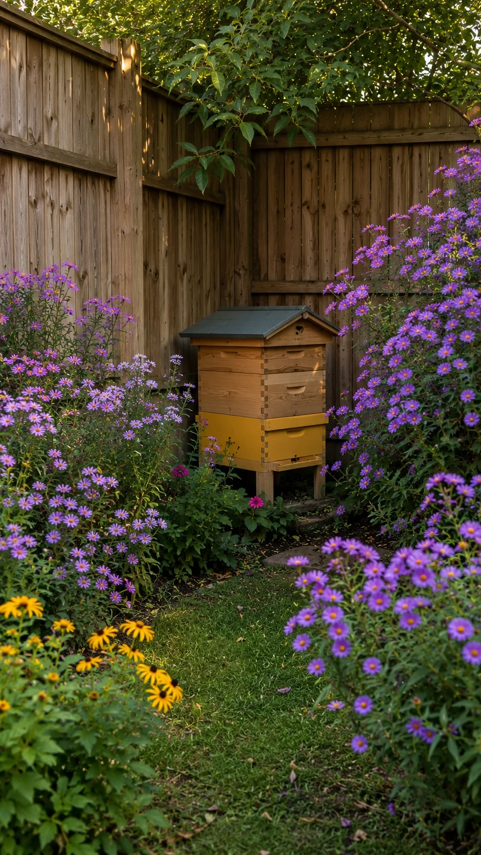 Corner apiary layout for small backyard beekeeping.