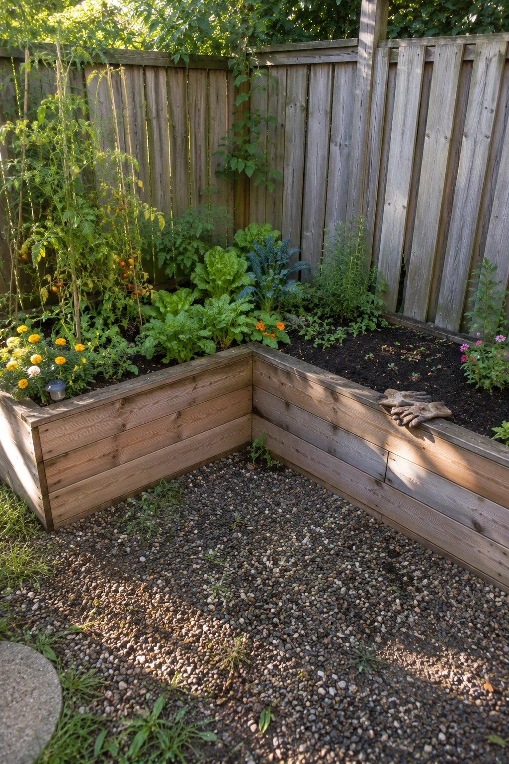 L-shaped raised garden bed layout small garden idea