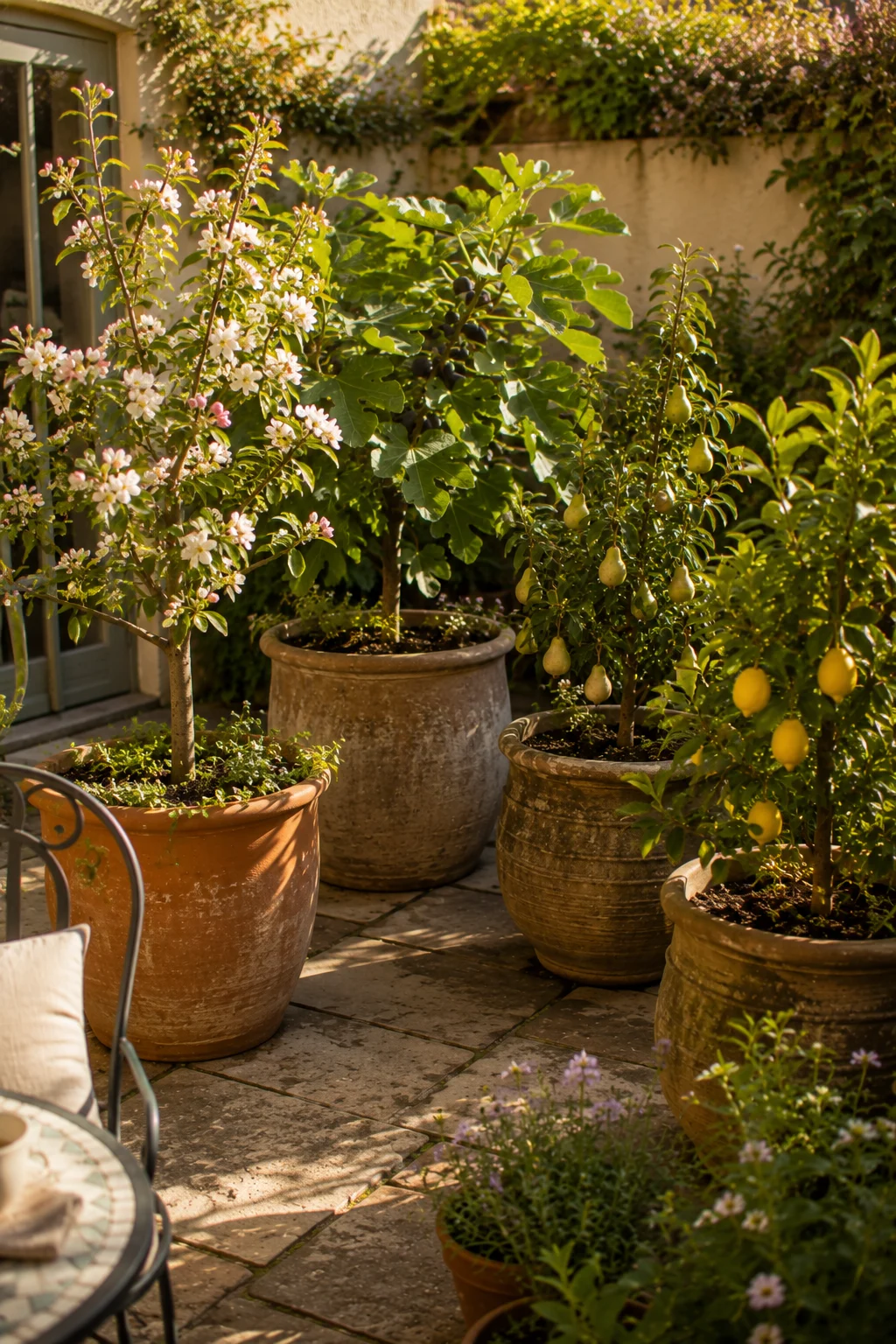 container orchard small patio dwarf fruit trees apple fig pear lemon productive spring blossom