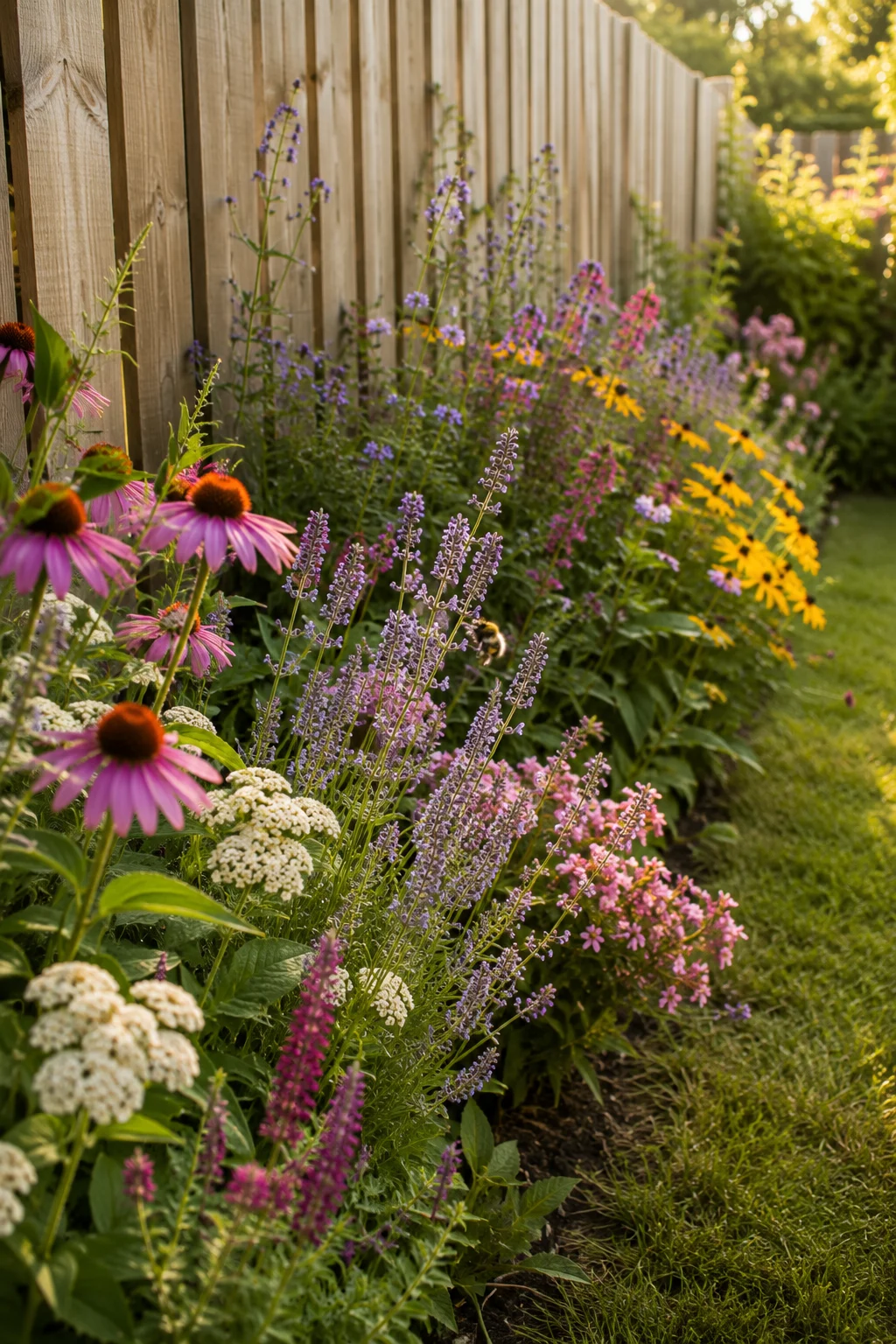 pollinator strip planted along a fence for bees