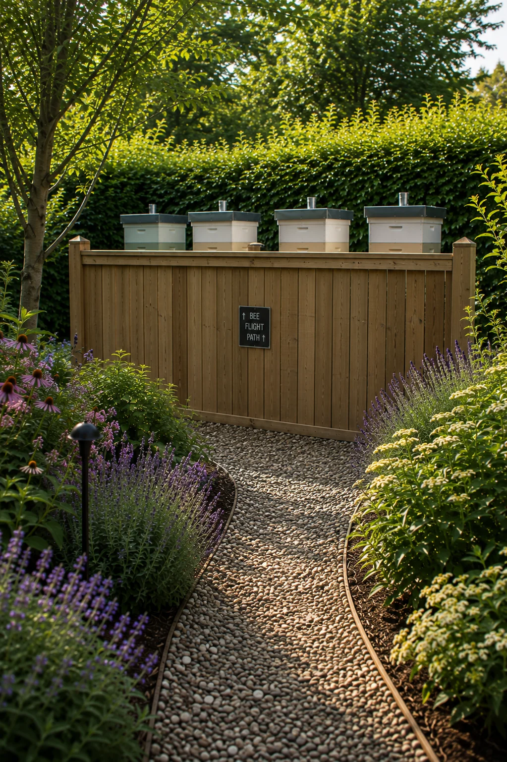 apiary access path and fly up hedge barrier setup