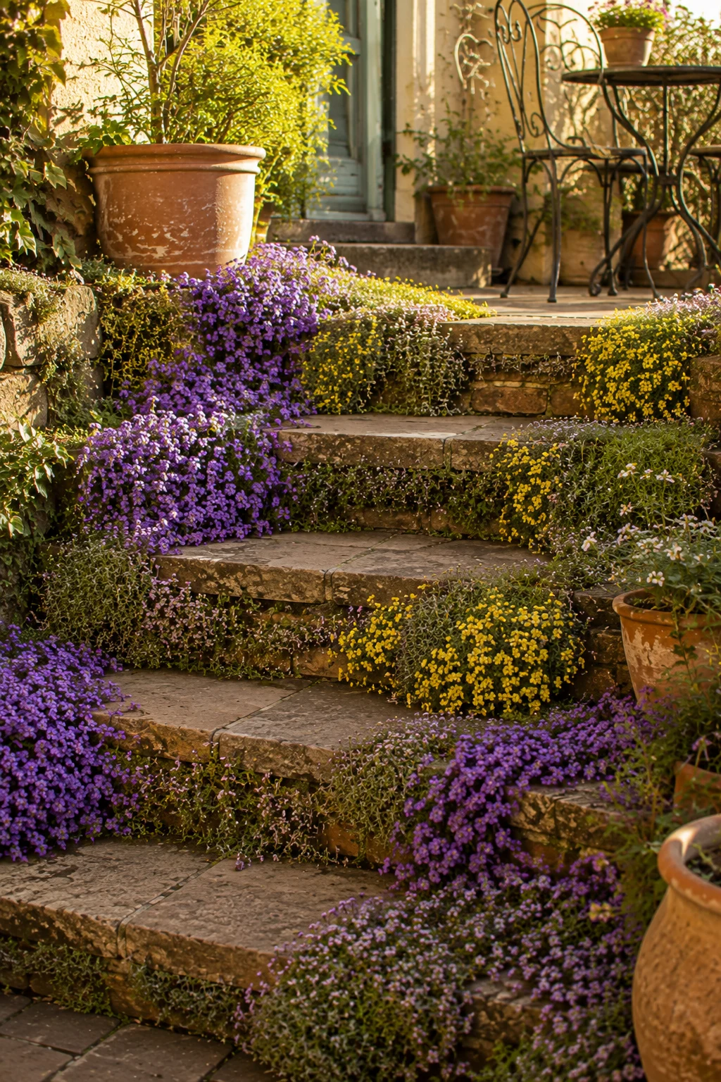 planted steps small patio cascading aubrieta alyssum thyme risers bloom spring soft edges