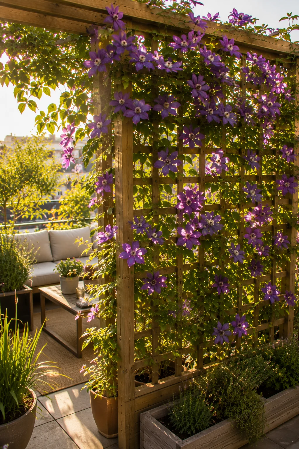 trellis privacy screen terrace clematis bloom purple climbing plant privacy structure