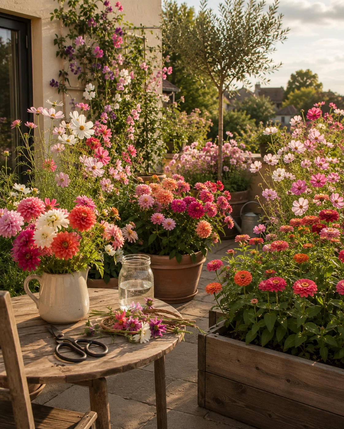 cut flower terrace cosmos dahlias sweet peas zinnias pots raised beds colourful abundant productive