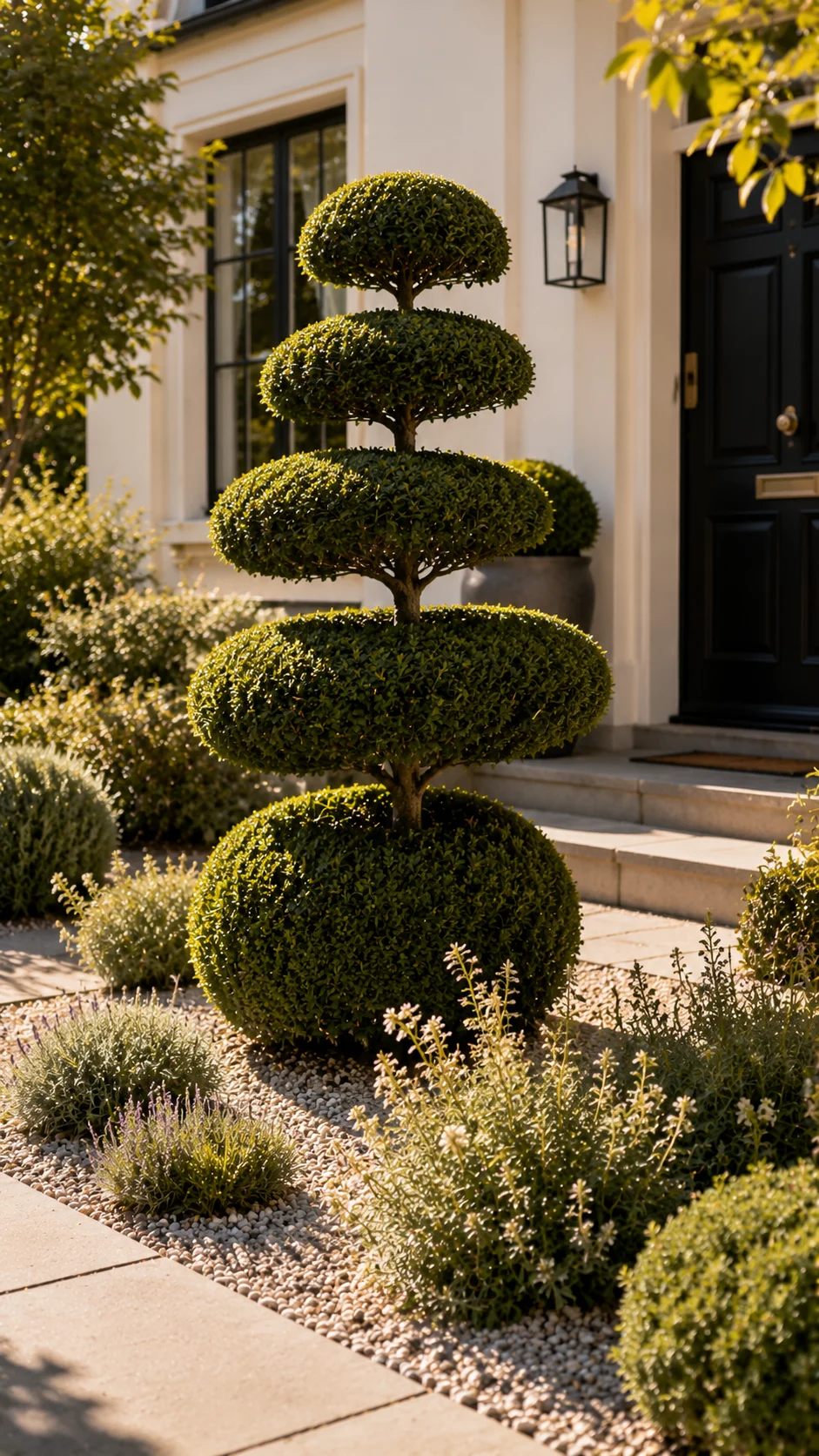 topiary front garden cloud pruned box ball focal point landscaping curb appeal formal minimal design