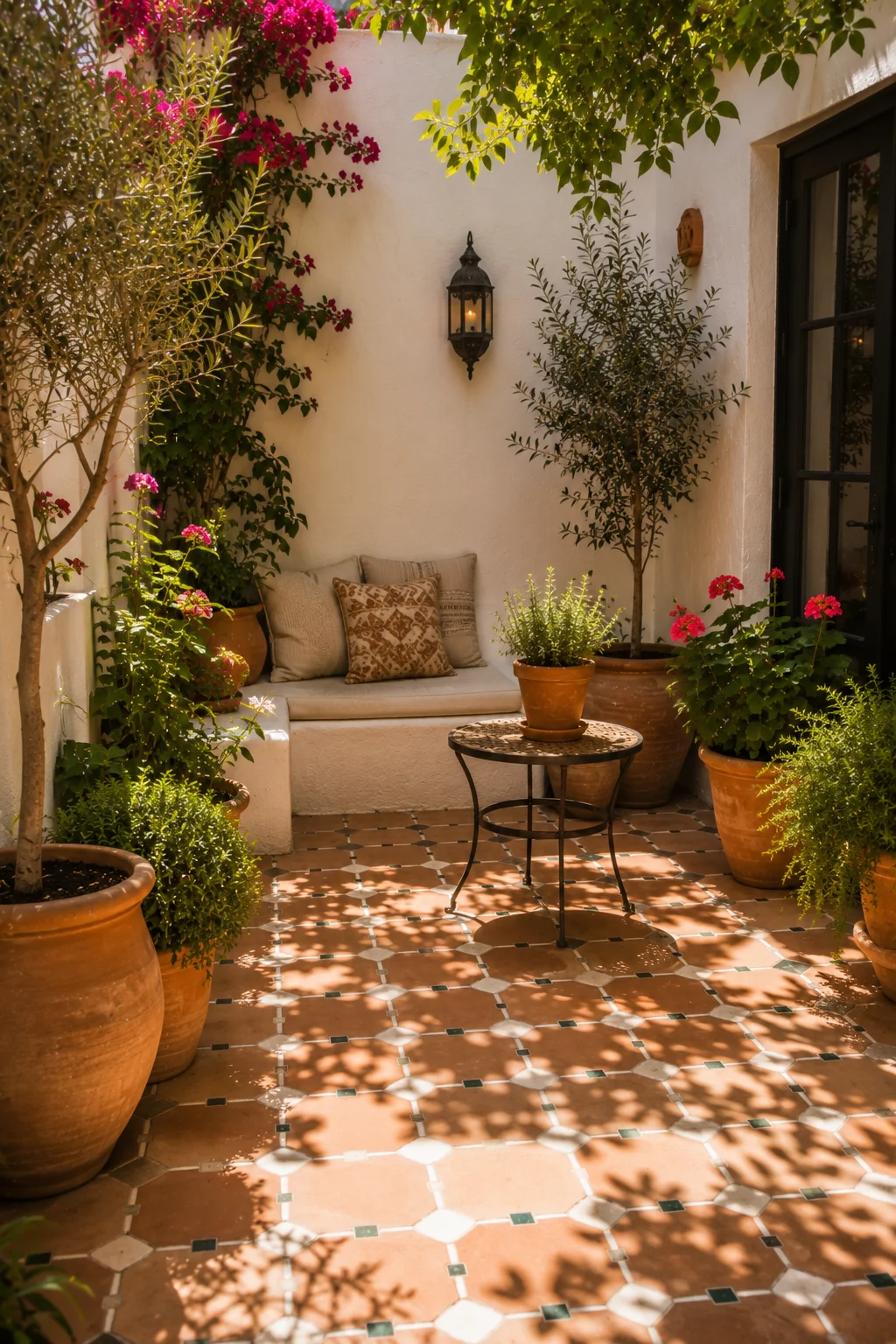 terracotta tile floor small patio geometric pattern Mediterranean courtyard warm tone outdoor design